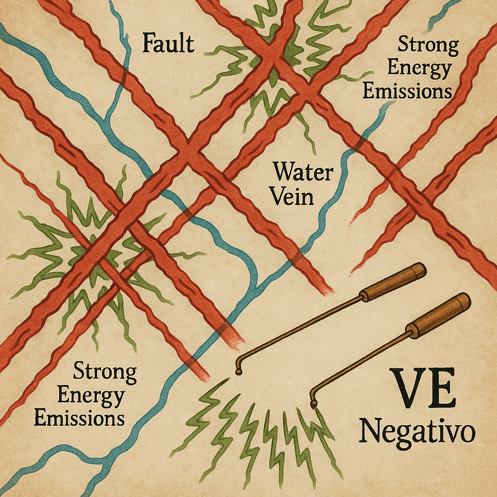 Map showing how water veins and geological faults that  meet cause strong EV energy emissions(negative green)